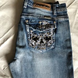 Size 15 blue jeans Rhinestone skull